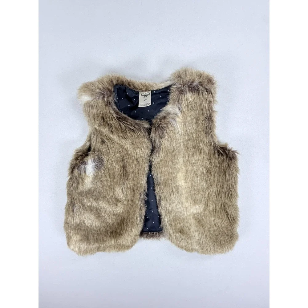 OshKosh B'gosh Girls 2T Brown Faux Fur Vest Polka Dot Lined Fall Winter Holiday